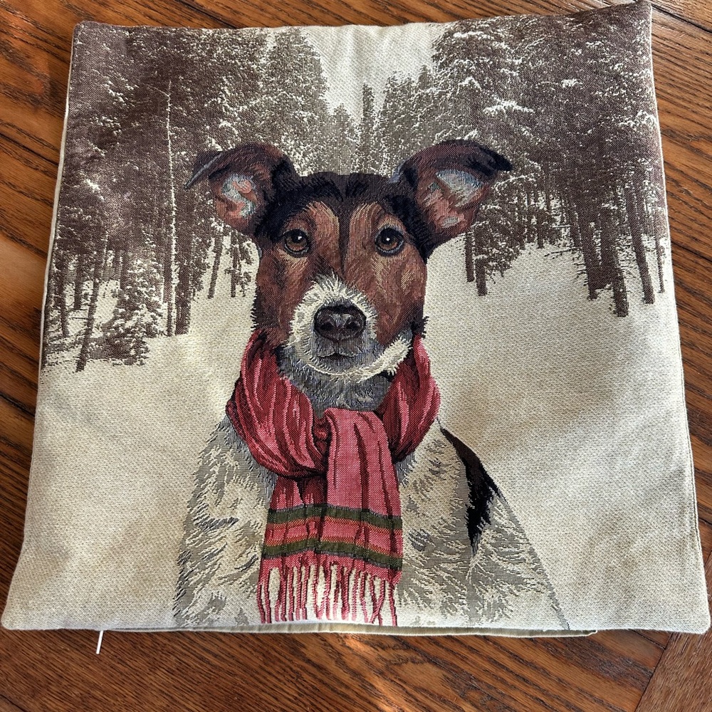 Dog Print Cushion Cover with Red Scarf